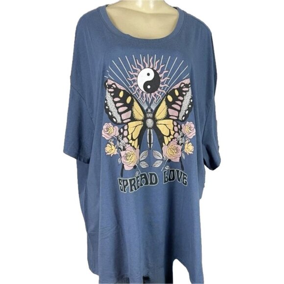 Vinyl Icons +5 Blue Crew Butterfly Floral Ying Yang Sun Graphic Short Sleeve Tee - Picture 2 of 6